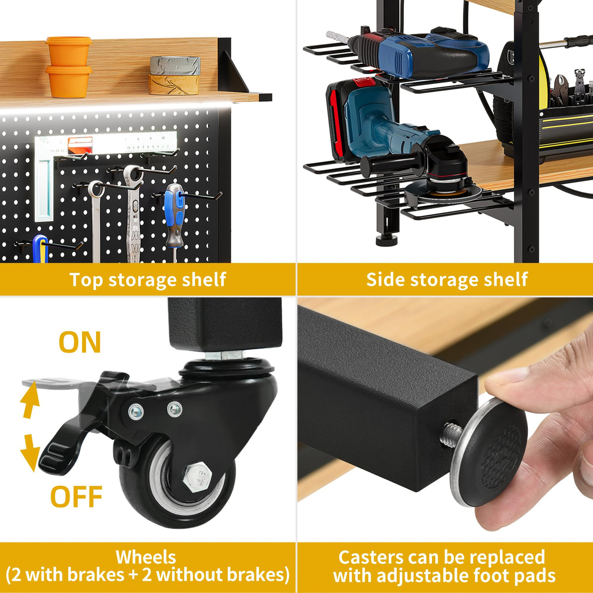 DWVO 47.2" Adjustable Height Workbench with Pegboard and Storage Shelf, Heavy Duty Work Bench with Wheels, Load 1100lb, Work Table with AC/USB Outlet, LED Light, Hooks, for Garage, Workshop, Home