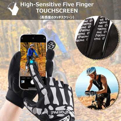Azarxis Skeleton Gloves Reflective for Men Women, Skull Gloves Glow in The Dark Anti Slip for Cycling Motocycling Halloween Cosplay Party Thanksgiving Christmas (White - Reflective, Large)