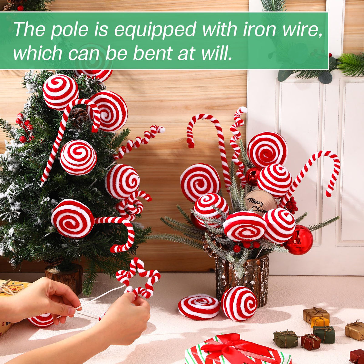 Yerliker 24 Pcs Candy Cane Christmas Tree Decorations, Fluff Christmas Ornaments Peppermint Lollipop Balls Curly Picks for Home Wreath Table Vase Mantel Decor(Red, White,Large)