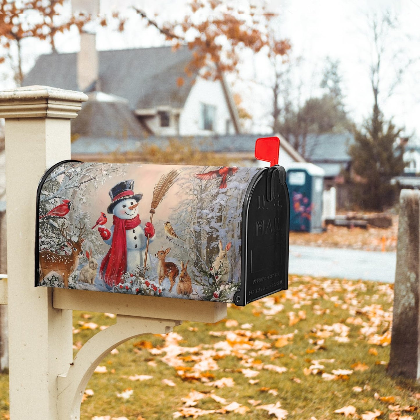 Sweetshow Winter Snowman Mailbox Covers Magnetic Standard Size 18" X 21",Red Cardinal Bird Cute Deer Rabbit Snowflake Mailbox Wraps Post Letter Box Cover for Holiday Garden Yard Decor