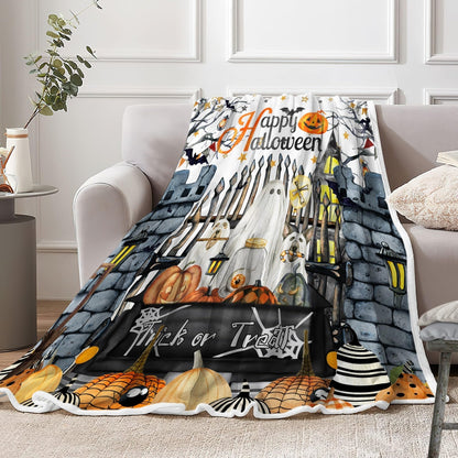 Halloween Blanket,White Ghost Pumpkin Bats and Spider Gothic Castle Terrorism Hallloween Throw Blanket,All Season Bed Couch Sofa Flannel Blanket,50X60 Inch.