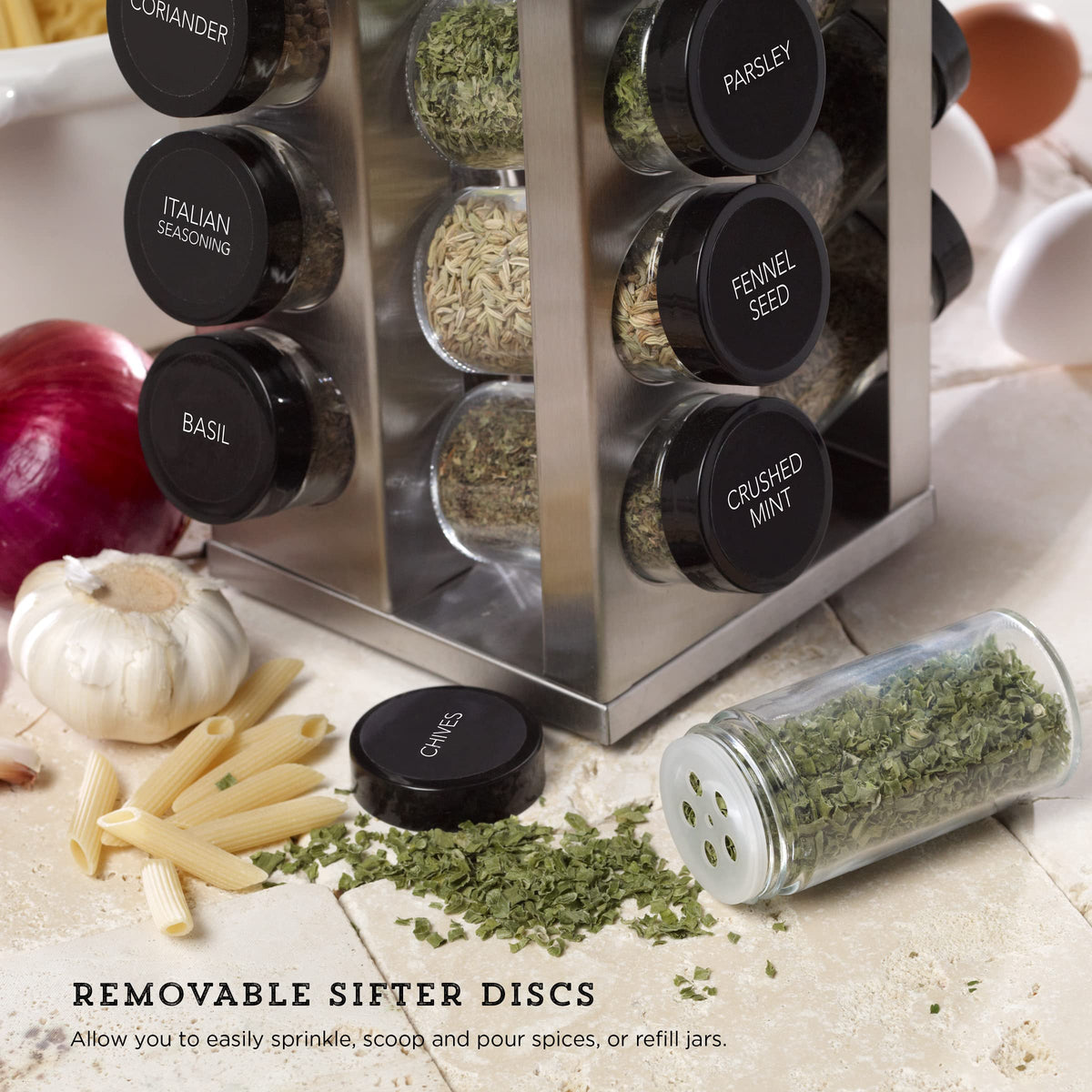 Kamenstein 20 Jar Heritage Revolving Countertop Spice Rack Organizer with Spices Included, FREE Spice Refills for 5 years, Brushed Stainless Steel with Black Caps