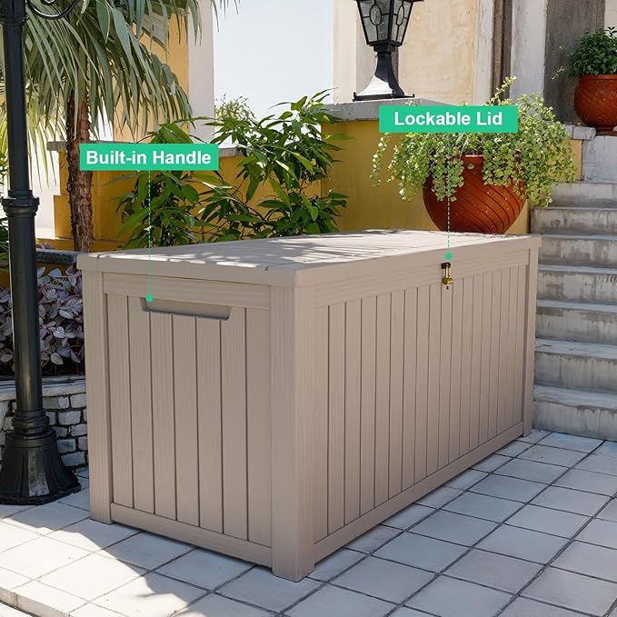 ROJIK Outdoor Storage Housing Deck Box - Waterproof Patio Furniture, Garden Tools, Cushions, Pool Accessories Storage Bench with Lockable Lid and Side Handles (Grey 200 Gal)