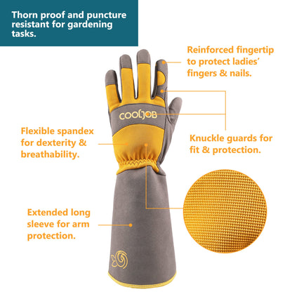 COOLJOB Gardening Gloves for Women and Men, Thorn Resistant Heavy Duty Garden Gloves, Long Sleeve Forearm Protection Ladies, Synthetic Leather Gauntlets for Pruning, Orange & Grey (1 Pair, Size M)