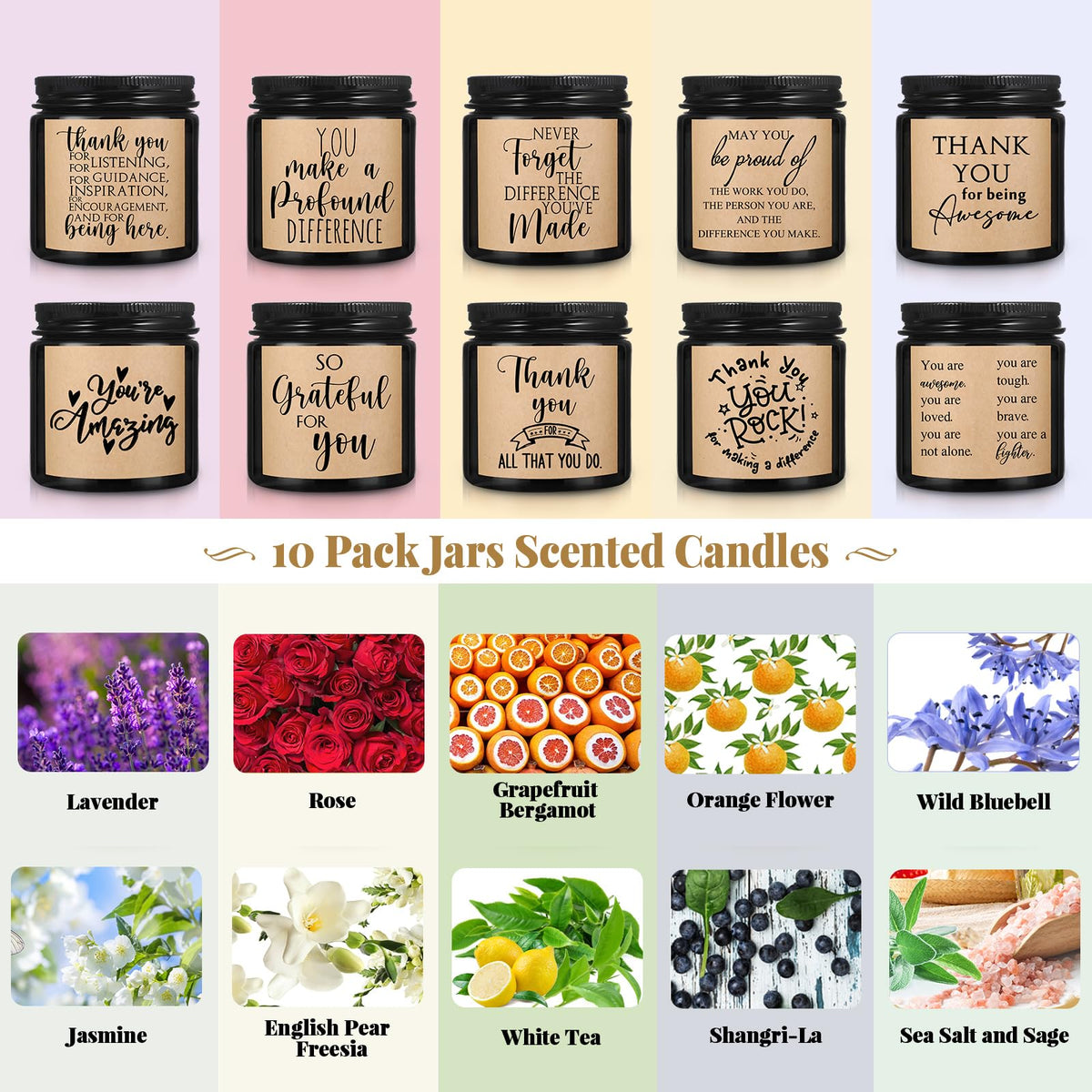 Roowest 10 Jars Candles 3.5 oz Employee Appreciation Gifts Bulk Soy Wax Jar Inspirational Candle Thank You Gift for Coworkers Women Social Worker Volunteer Teacher Nurse(Amber,Pretty,Lovely)