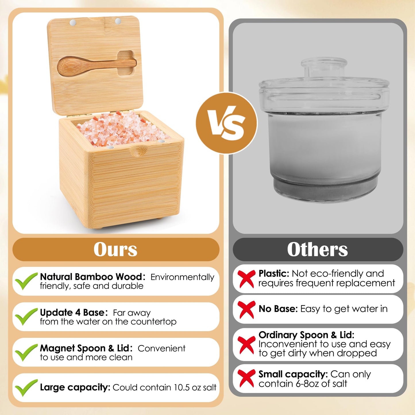 Luxiv Updated Bamboo Salt Cellar with Lid and Spoon, Bamboo Salt Box Wood Spice Box with Magnetic Lid for Pepper Spice Sea Salt Container Jar For Countertop with 4 Bases