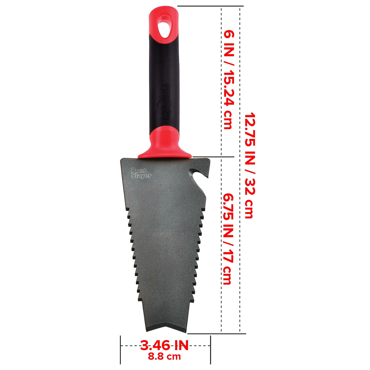 Root Slayer 16011 Garden Trowel with Serrated Blade for Digging and Root Cutting, Heavy Duty Steel Hand Tool, Red