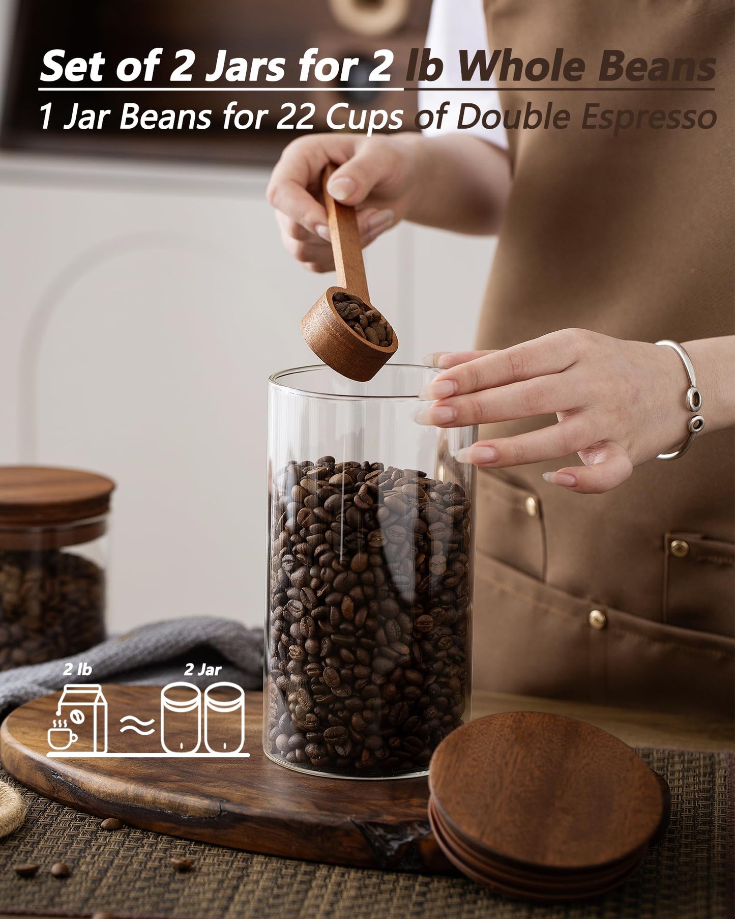 BOILMERIT 37 oz Coffee Canister with Scoop and Wooden Lids, Airtight Storage Container Sets of 2 for Ground Coffee & Beans, Glass Jars for Coffee Bar Organizer, Kitchen Countertop
