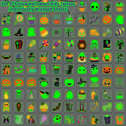 Partywind 204 PCS Individually Wrapped Sheets Glow Halloween Tattoos for Kids Party Decorations, Luminous Pumpkin Tattoo Stickers, Kids Halloween Treats, Party Supplies