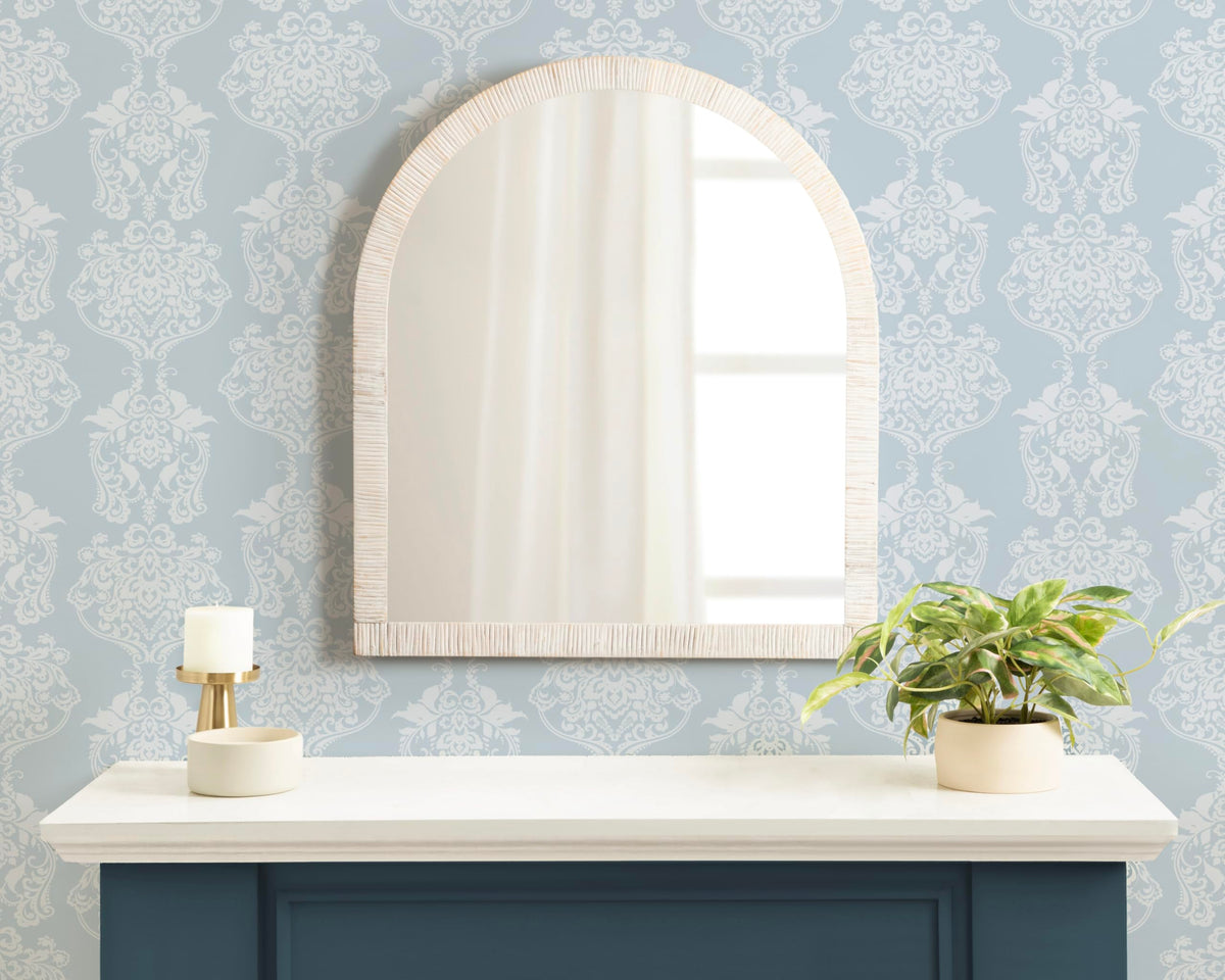 Kate and Laurel Rahfy Boho Arch Rattan Wall Mirror, 28 x 32, White, Decorative Wooden Mirror with Authentic Rattan Frame for Bathroom Vanity Mirror