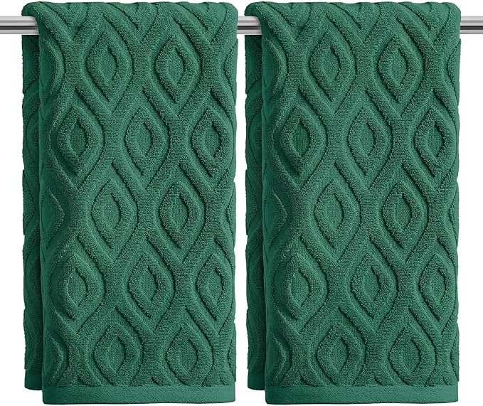 Artoid Mode 2 Pcs Dark Green 3D Diamond Grid Jacquard Hand Towels