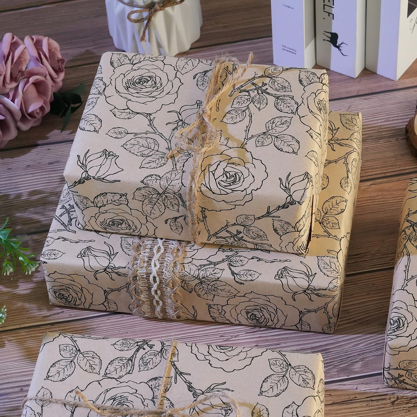 Kraft Floral Wrapping Paper Roll, Vintage Rose Wrapping Paper, Rose Print Design, Brown and Black Kraft Gift Wrap Paper for Birthday Mother's Day Bridal Shower Baby Shower Wedding, 17Inch×33Feet