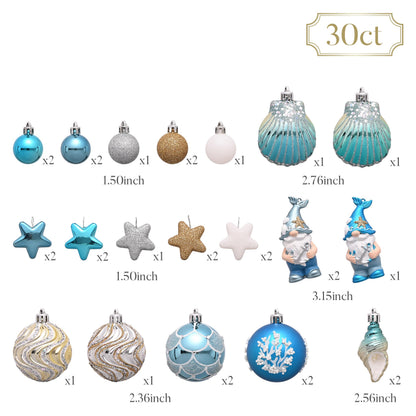 Valery Madelyn Summer Tree Ornaments, 30ct Teal Aqua Blue Shatterproof Beach Coastal Decor, Ocean Themed Christmas in July Tree Decorations, Hanging Gnome Seashell Conch Shell Coral for Tropical Party