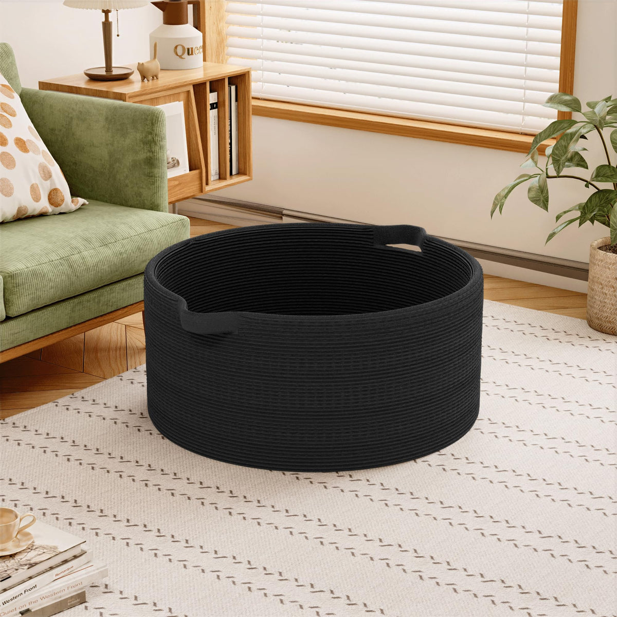 GOPAS 125L Extra Large Blanket Basket, 25" x 16", Jumbo Laundry Woven Baskets Decorative Home, Cotton Rope Basket with Handles, Baby Toy Baskets for Storage, Black