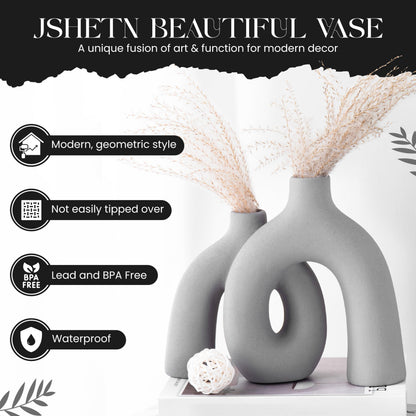 Ceramic Hug Vase (Soft Gray) Modern Donut Style Hugging Vases for Flowers Minimalist Decor – Hollow Ceramic Waterproof Home Decor Vases for Living Room, Bed Room, Book Shelf, Entryway Table.