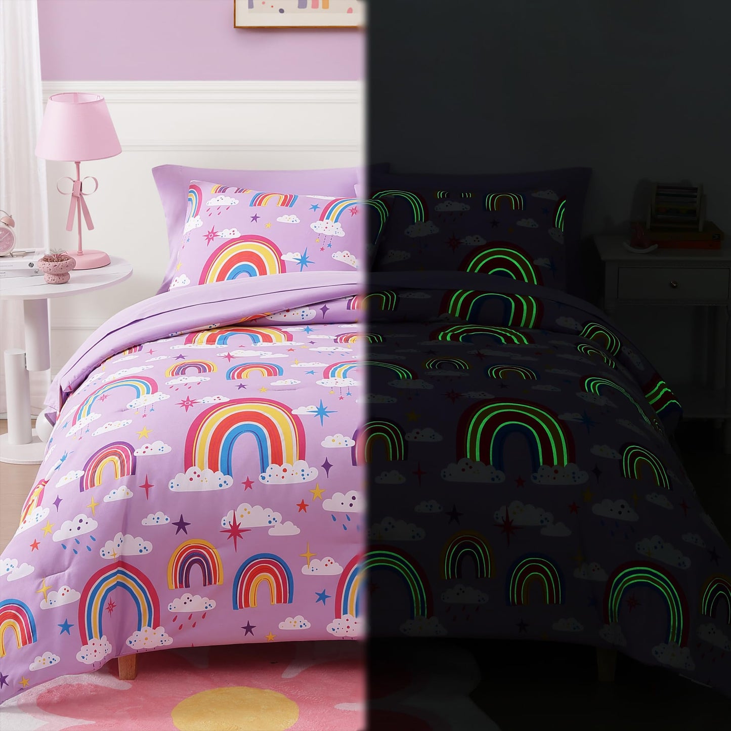Wink Deer Full Size Comforter Set for Girls-7 Pieces Purple Rainbow Glow in the Dark Full Bedding Sets for Kids, Ultra Soft Bed in A Bag with Sheets