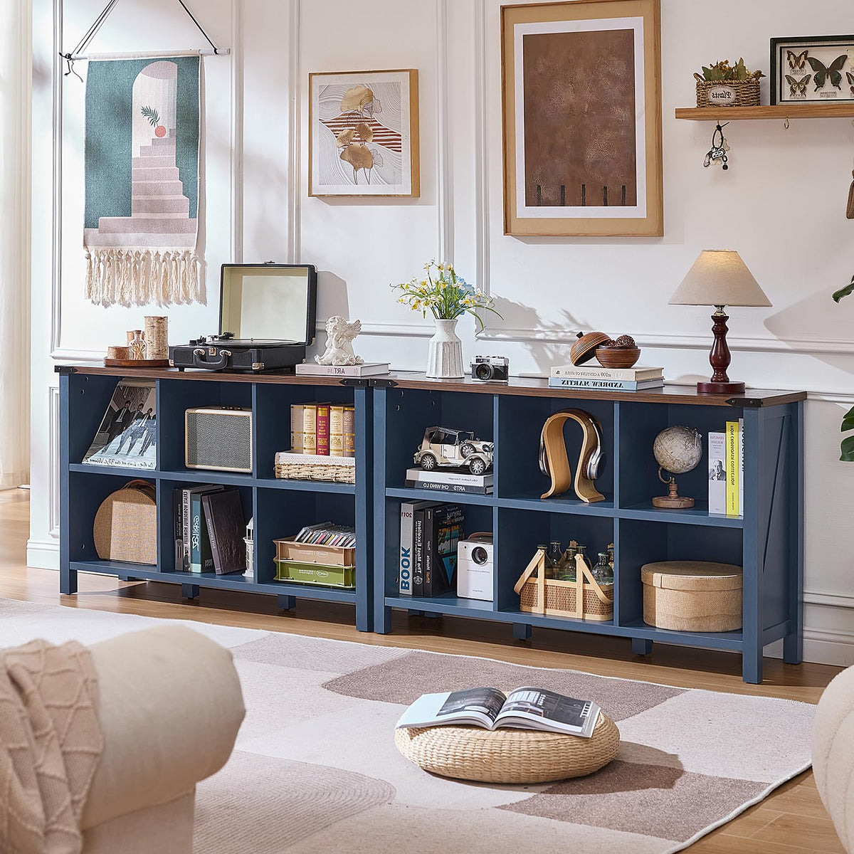 Joaxswe 6 Cube Bookcase, Farmhouse Wood Low Storage Organizer Book Shelf, 47" Horizontal Navy Blue Console Bookshelf with Legs, Hallway Book Case for Entryway, Display Cabinet for Living Room, Office