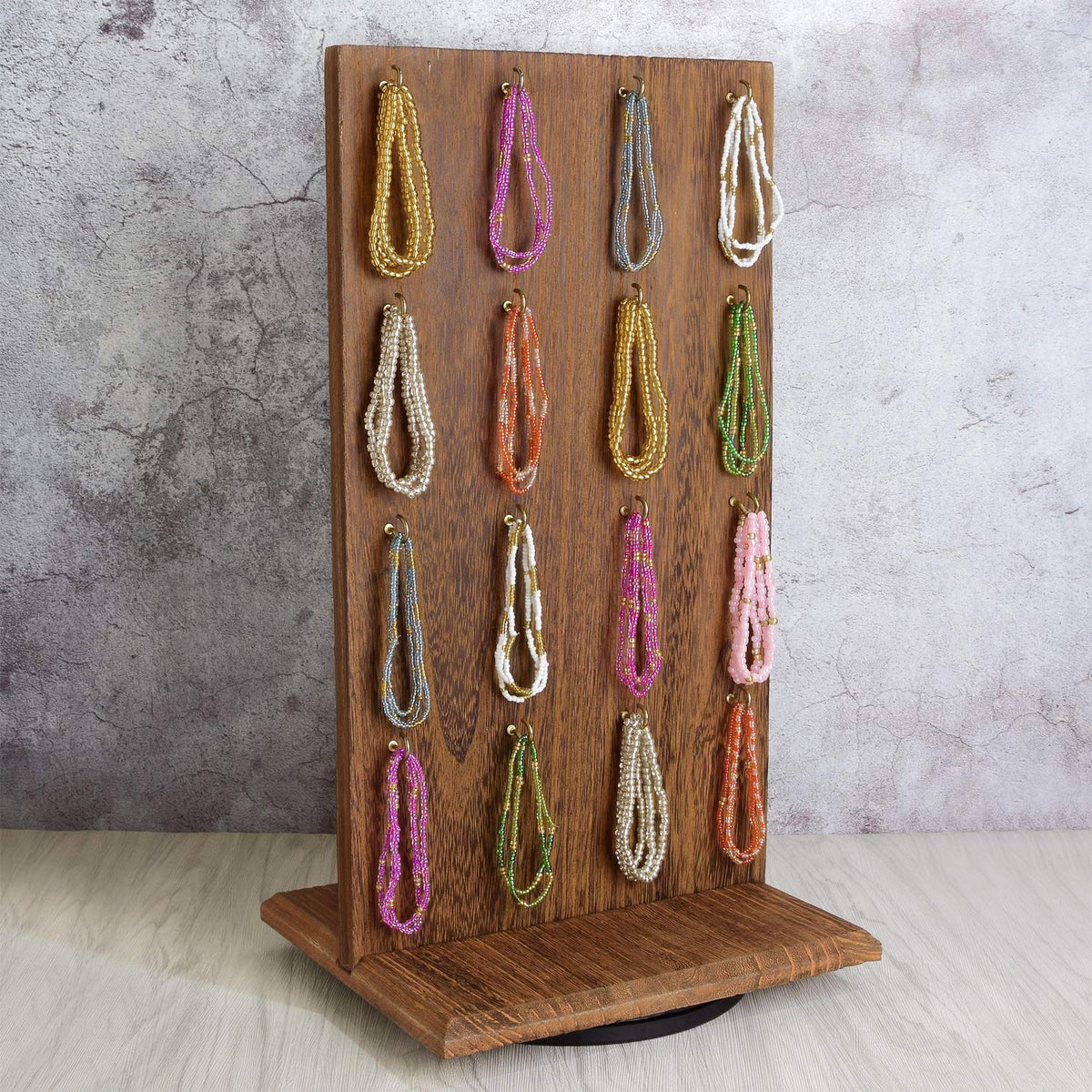 Ikee Design Wooden Rotating Two-Sided Jewelry Display Stand, Rotating Organizer with 32 Hooks for Store, Earring Keychain Display with Hooks, Brown color, 9 W x 7.5 D x 16.5 H in