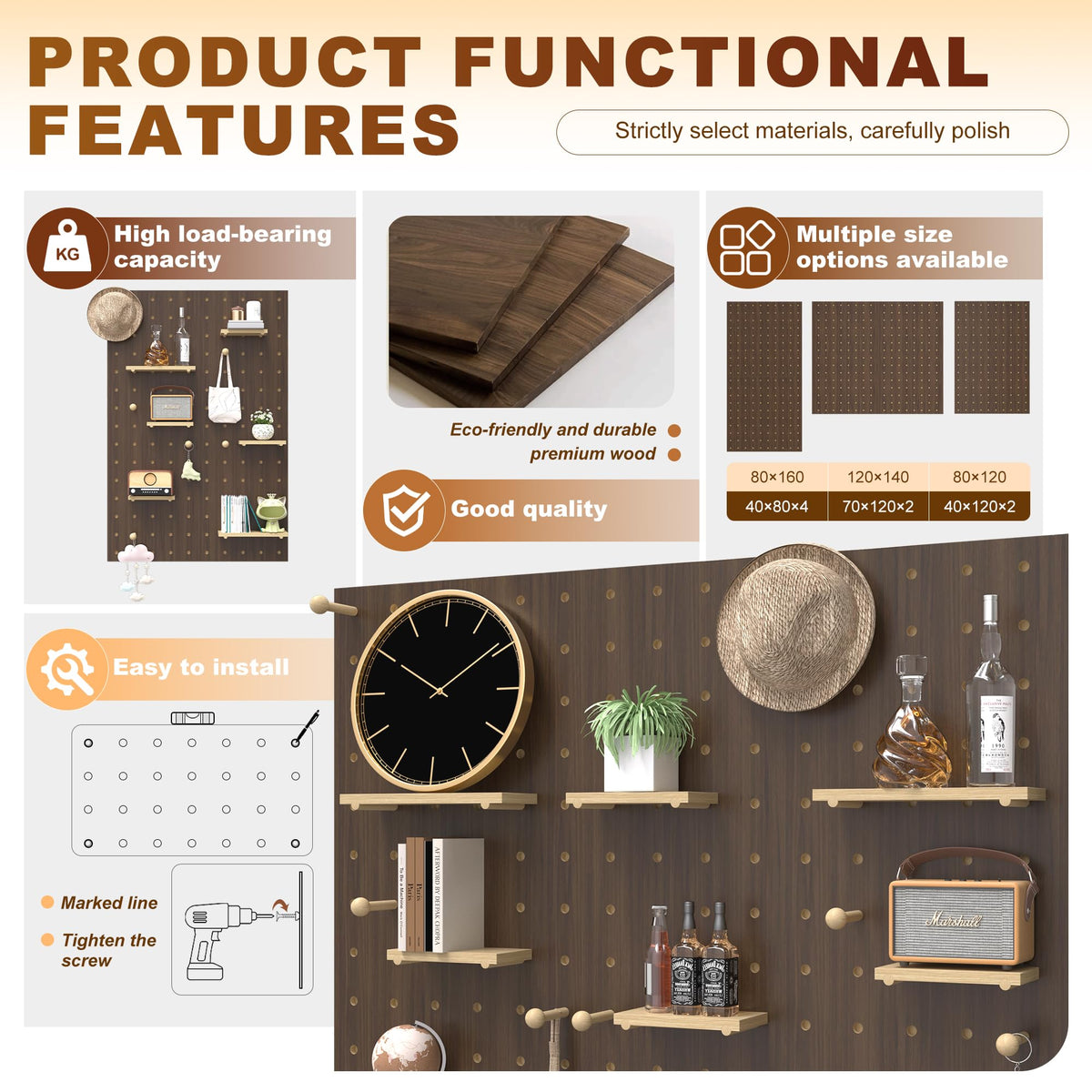 Wooden Pegboard Wall Organizer Kit, Modular DIY Peg Board Panels with Hooks, Pegboard Storage System Combination Set for Garage Office Craft Room Bedroom Kitchen, Living Room (Brown, 80X120CM)