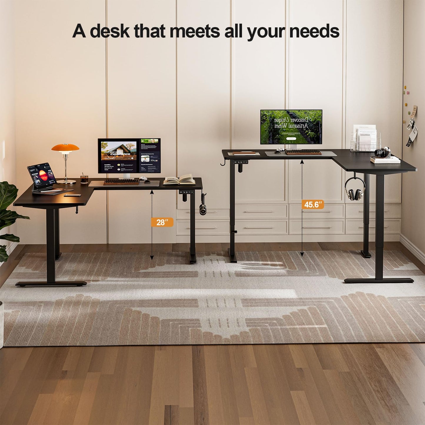 Grandder 63 x 55 Inch L Shaped Standing Desk, Electric Height Adjustable Corner Stand Up Desk, Sit Stand Corner Table Home Office Table, Black Top Black Frame