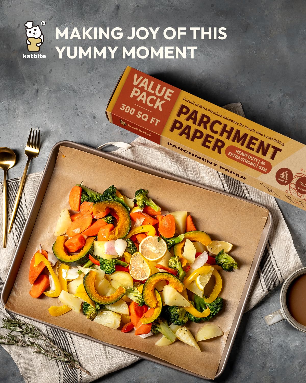 Katbite Parchment Paper Heavy Duty Unbleached Baking Parchment Roll, 38CM x 74M, Non Stick Baking Paper Roll for Baking, Cooking, Freezing, for Oven, Kitchen, Air Fryer, Freezer, Pastry