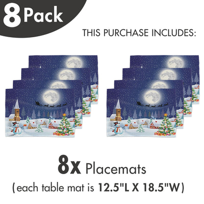 Ambesonne Christmas Place Mats Set of 8, Winter Season Snowman Xmas Tree Santa Sleigh Moon Present Boxes Snow and Stars, Washable Fabric Placemats for Dining Table, Placemat 8 pcs, White Blue
