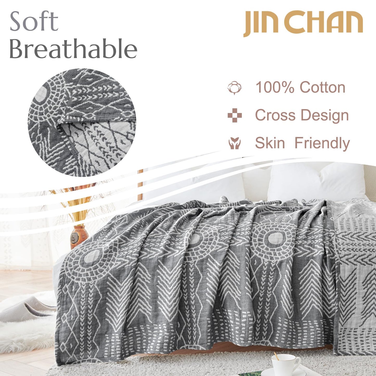 jinchan Boho 100% Cotton Muslin Blanket 3-Layer Queen Size 80x90 Inches Geometric Grey Lightweight Reversible Soft Cozy Comfy Throw for Couch Sofa Bed Large Coverlet Quilt Blanket Bedroom All Seasons
