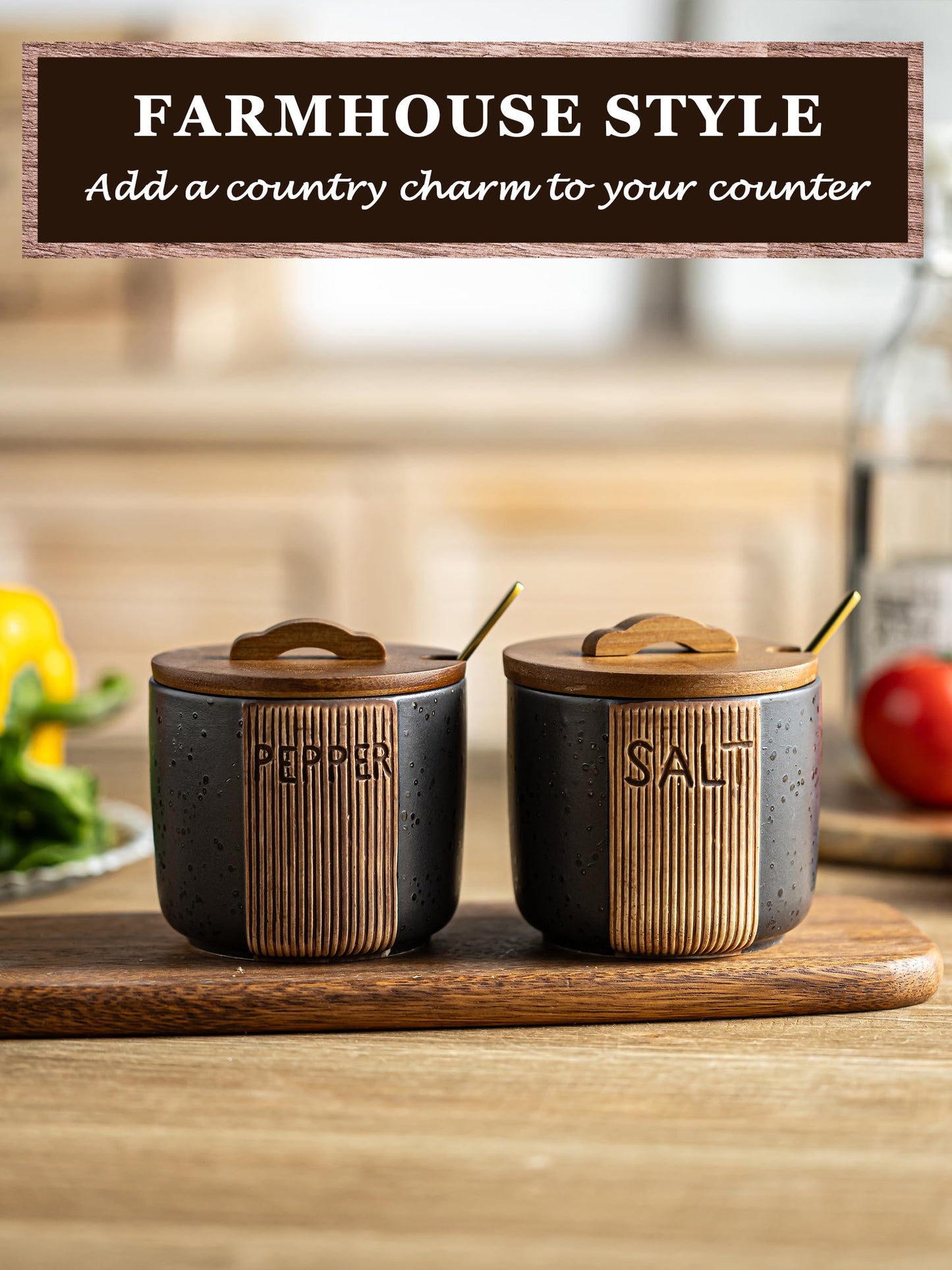 YHOJOY Salt and Pepper Bowl, Ceramic Salt Containers for Countertop, Salt and Pepper Cellar with Lid and Spoons