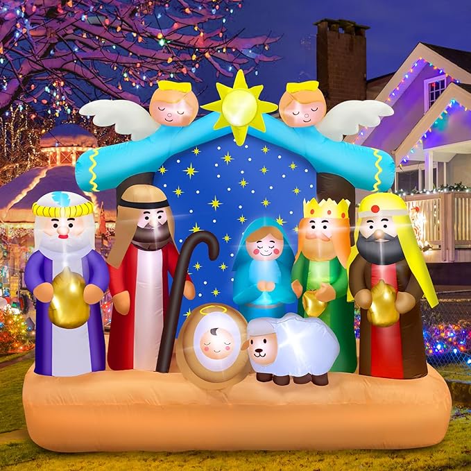 6.8 FT Christmas Inflatable Nativity Scene Outdoor with Build-in LED Lights, Large Christian Inflatables Decor Nativity Blow Up with Star Decoration for Indoor, Outdoor Holiday Garden Lawn