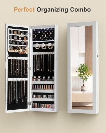 Nicetree 6 LEDs Mirror Jewelry Cabinet, Large Capacity Lockable Jewelry Armoire Organizer, Door or Wall Mounted Mirror with Jewelry Storage, Gift Idea, White