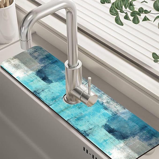 Kitchen Sink Splash Guard Faucet Mat Abstract Teal and Grey Geometric Absorbent
