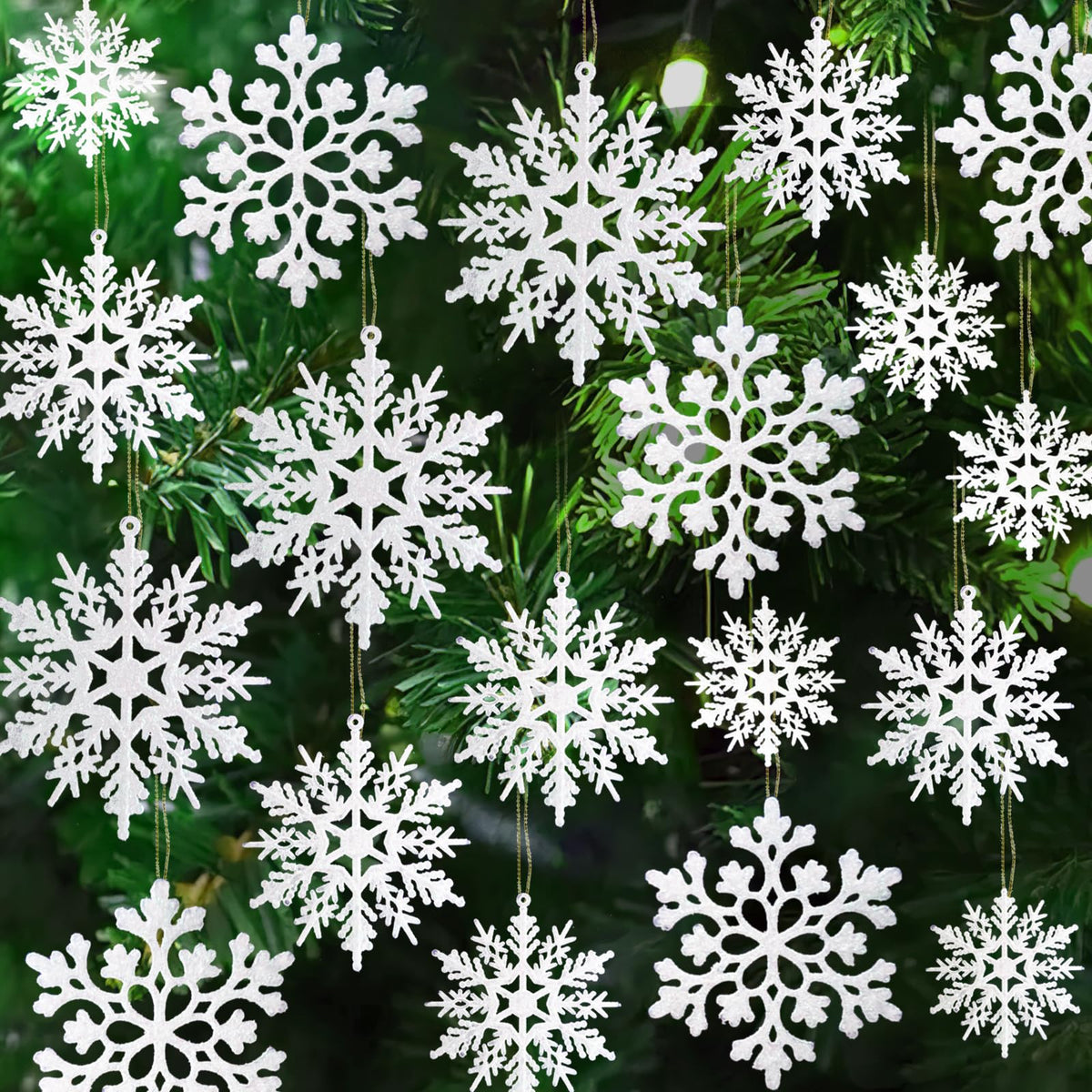 36 Pack White Snowflake Ornaments Plastic Glitter Snow Flakes Ornaments for Winter Christmas Tree Decorations Size Varies Craft Snowflakes