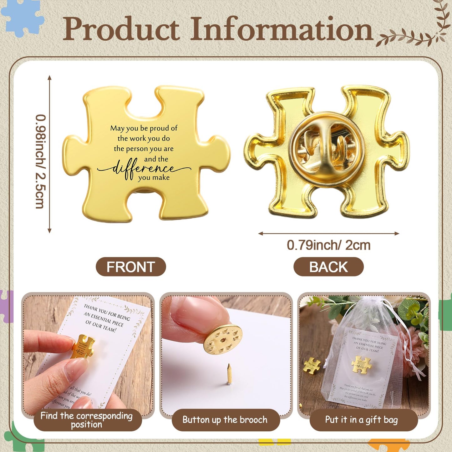 Solsew 25 Sets Teacher Appreciation Gift Bulk for Employees Puzzle Piece Lapel Pin Thank You Cards for Team Nurse Volunteer Coworkers Lab Ems Cna Week Gifts Bulk (May You)