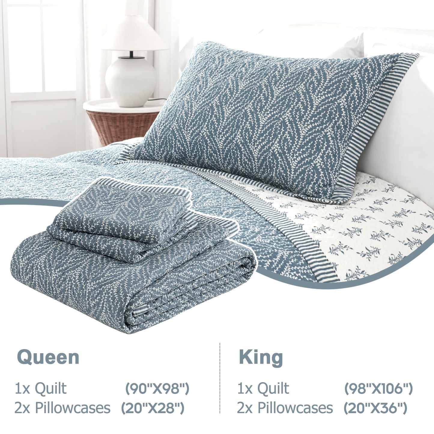 Finlonte Cotton Quilts Queen Size - 100% Cotton Queen Comforter Set, Botanical Quilt Bedding Set, Lightweight Reversible Soft Quilted Bedspread for Queen Bed, Grayish-Blue/White, All Season, 3 Pcs