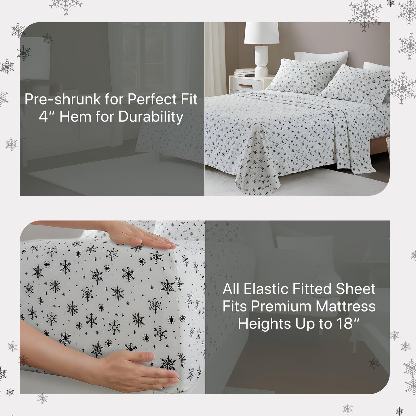 Beautyrest Cotton Sheet Set Cozy Print 100% Cotton Flannel Sheets Warm & Fuzzy Bedding Set, Oversized Sheets, Deep Pocket Fits Up to 16" Mattress Cozy Full Bed Sheets Full Black Snowflakes 4 Piece