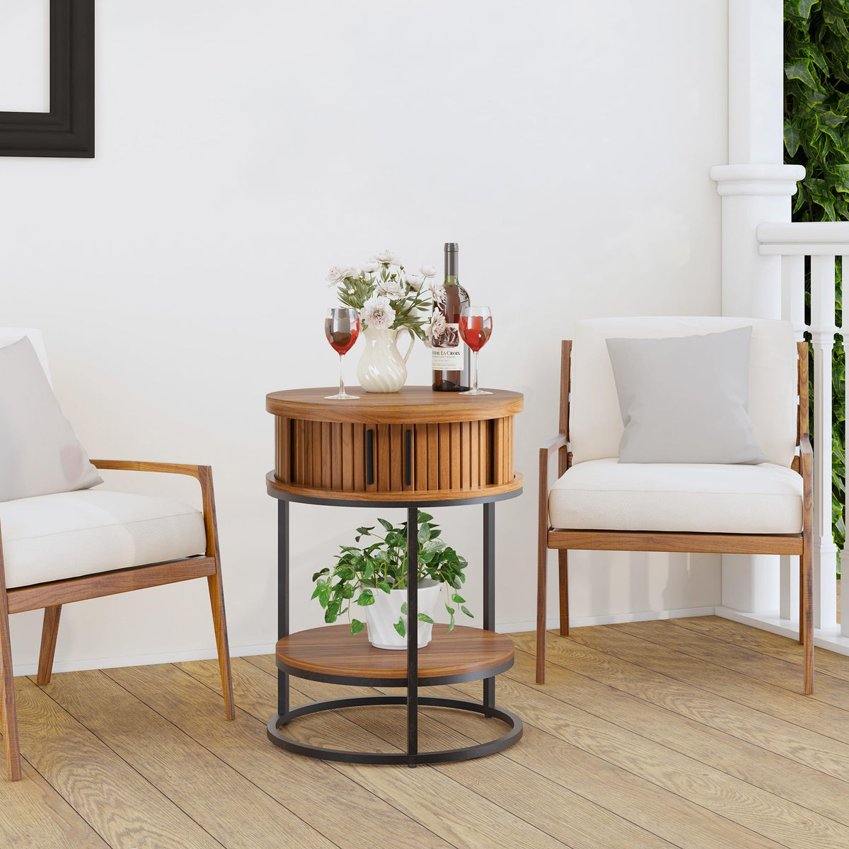 Turtle&Myrtle Small Round Side Table with Storage, 2-Tier Wooden End Table with Sliding Door and Shelf, Mid-Century Circle Nightstand for Living Room, Bedroom, Walnut, 2PC