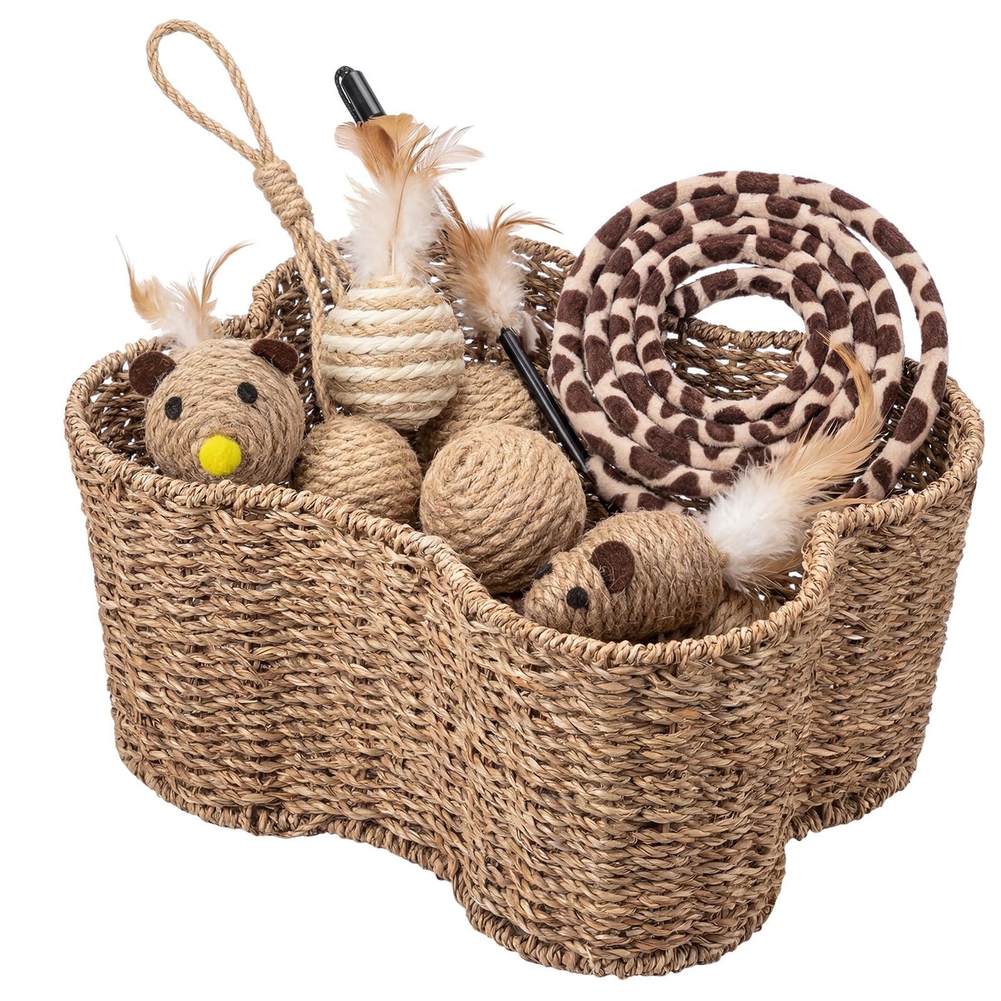 Leitee 16 x 12.8 Inch Mother‘s Day Bone Shaped Seagrass Wicker Basket with 8 Pcs Cat Toy, Cat Storage Basket Gift Set with Sisal Ball Mice Feather Stick, Interactive Toys for Indoor Cats and Kittens