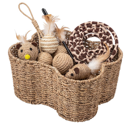Leitee 16 x 12.8 Inch Mother‘s Day Bone Shaped Seagrass Wicker Basket with 8 Pcs Cat Toy, Cat Storage Basket Gift Set with Sisal Ball Mice Feather Stick, Interactive Toys for Indoor Cats and Kittens