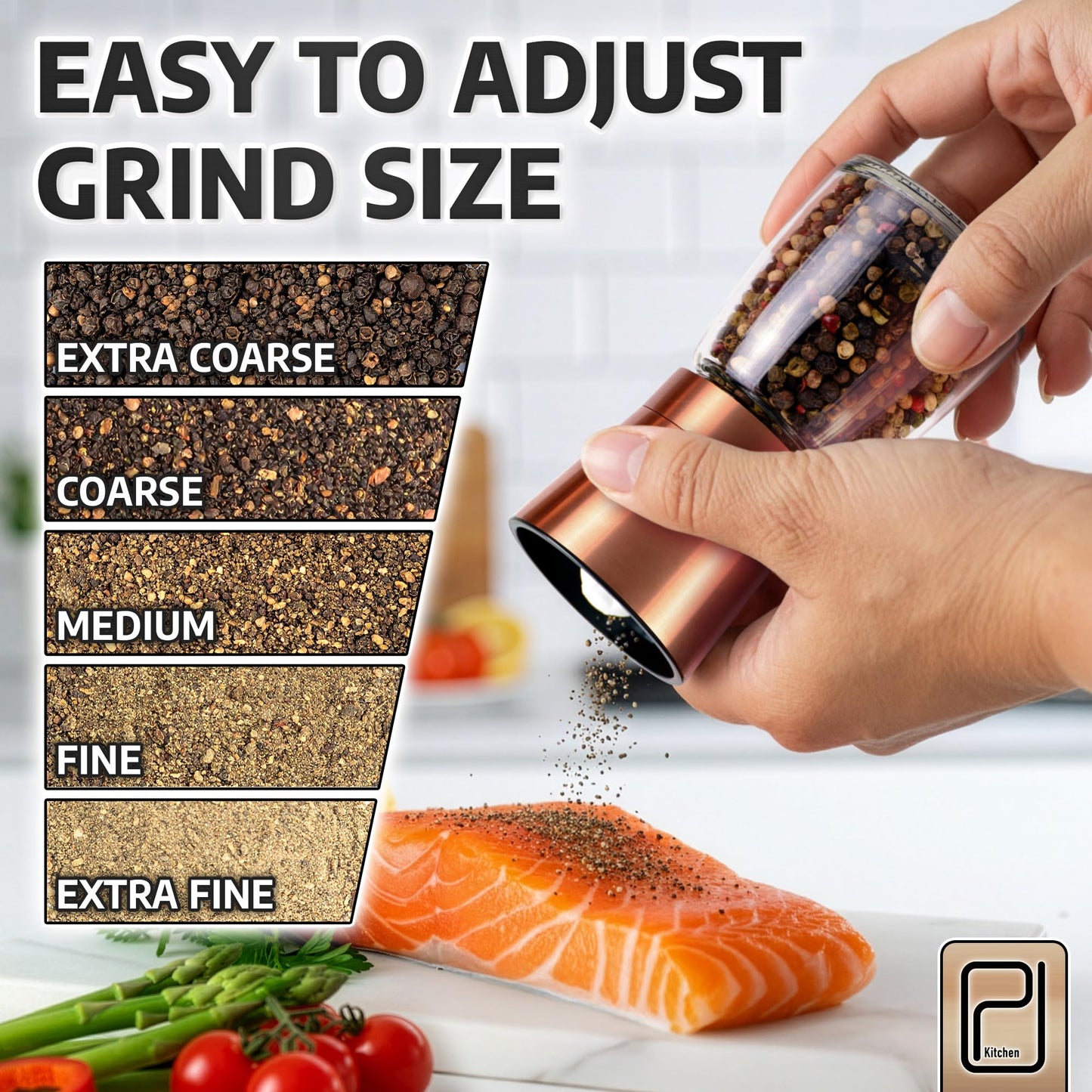 Premium Salt and Pepper Grinder Set w/Bamboo Holder - 6 oz, Copper Stainless Steel - S&P Spice Shakers - Refillable & Adjustable Coarseness Hand Mill for Spices & Seasonings - by PJC-Kitchen
