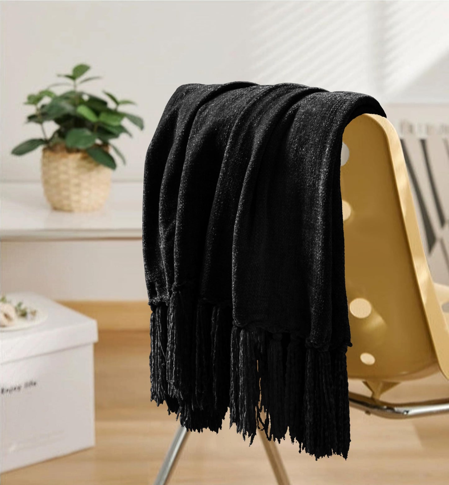 LONG CREATE Chunky Knit Throw Blanket Bundle Chenille Throw Blanket， 50"X 60" Black