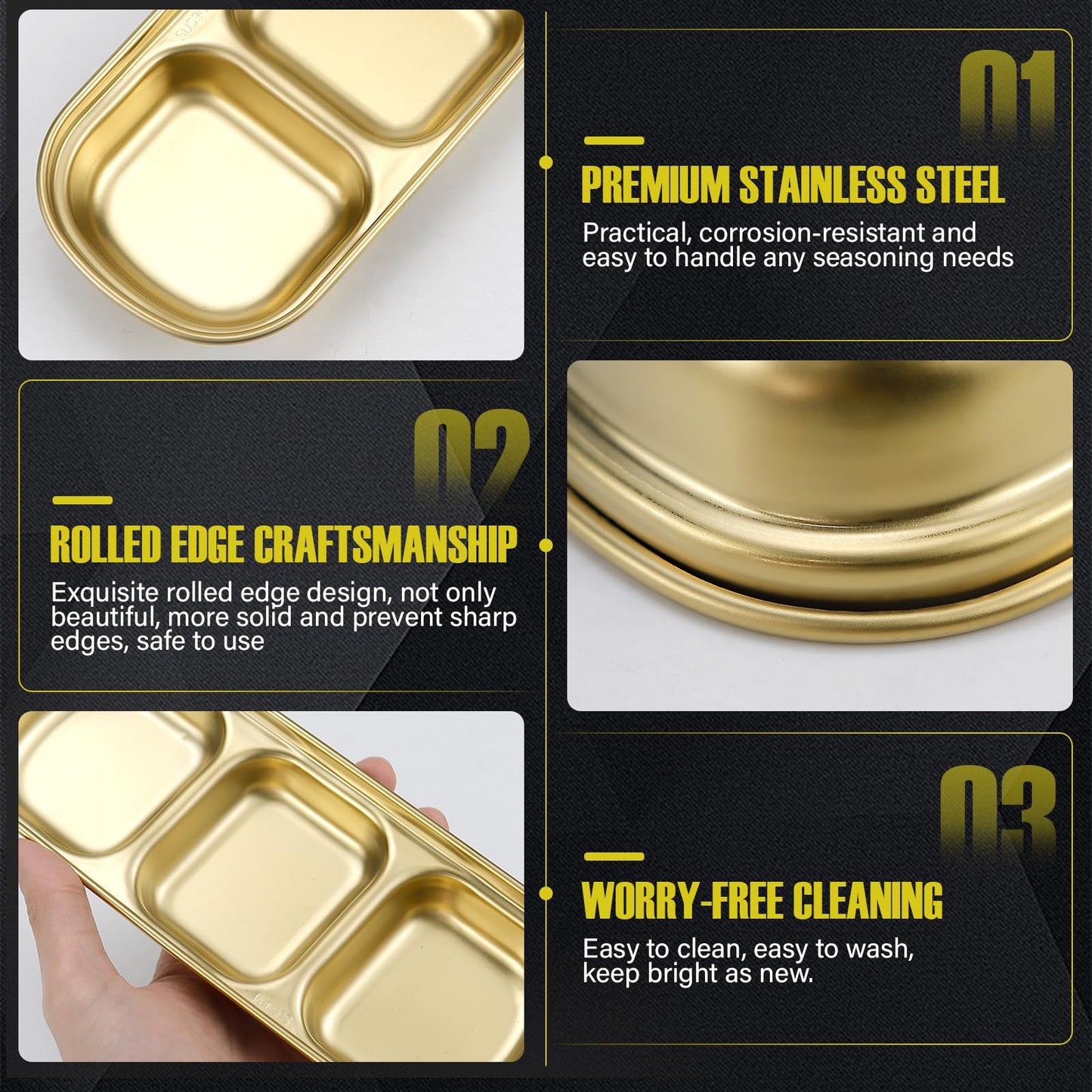 LCJAOF 3Pcs Stainless Steel Dipping Bowls-3 Compartment Appetizer Serving Tray, Soy Sauce Dish for Condiments, BBQ Sauce, and Seasoning, Dishwasher Safe, Gold