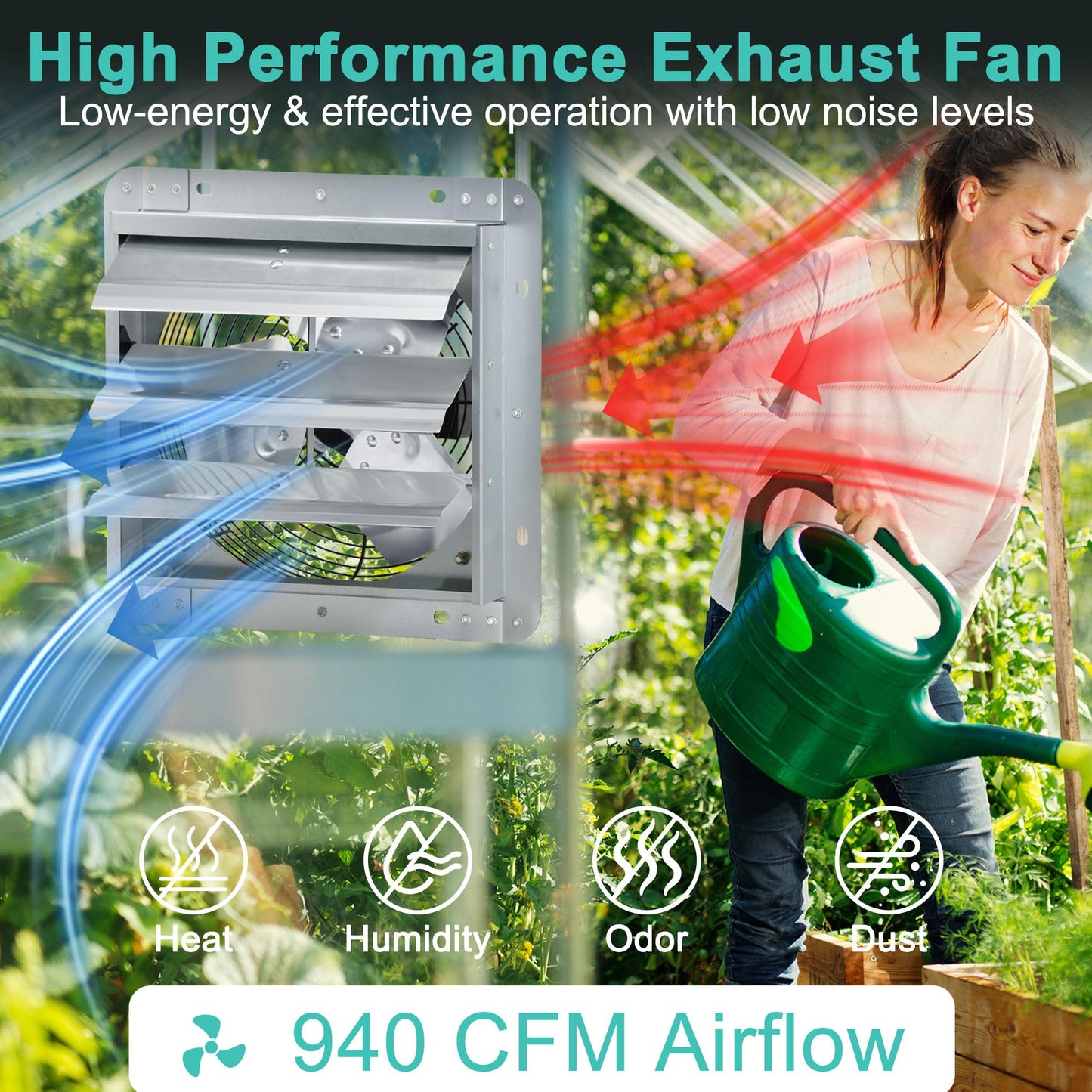 Hipoilk 12 Inch Shutter Exhaust Fan, Wall Mount Attic Fan with Thermostat and Speed Controller for Greenhouses, Sheds, Garages, Chicken Coops, Barns Ventilation, 970 CFM