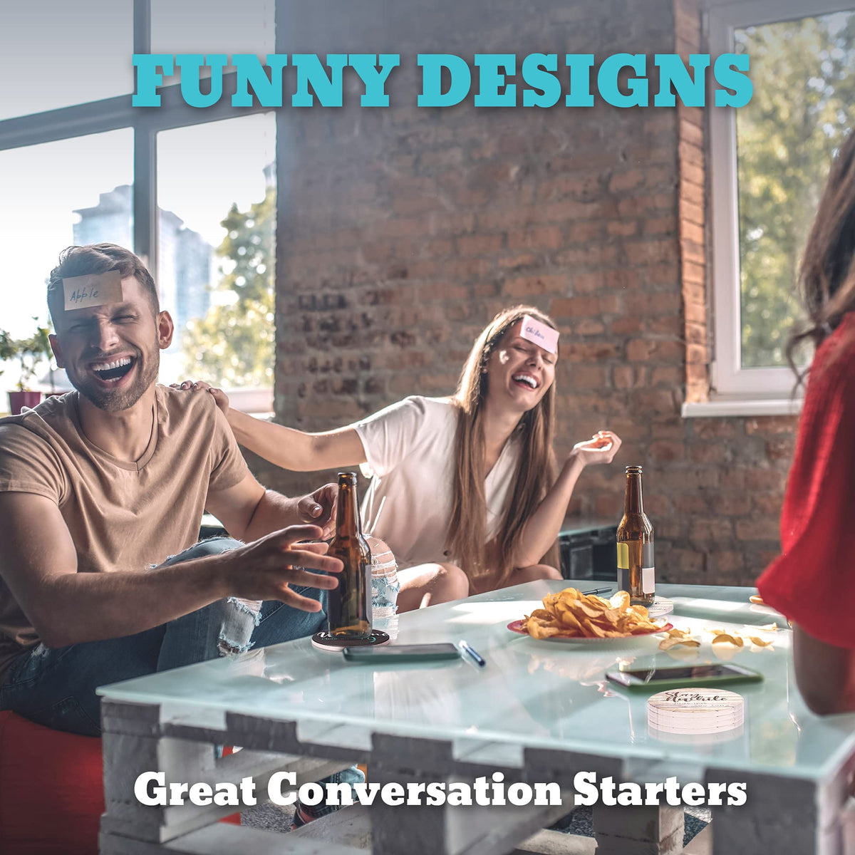 Funny Coasters - House Warming Gifts New Home - Housewarming Gifts for Women, Men, Couple, New Homeowner - Farmhouse Bar Coasters for Drinks with Holder - First Apartment Essentials