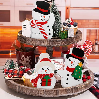 COCHIE Snowman Christmas Decorations Indoor, Cute Winter Tiered Tray Decor Set of 3, Wooden Snowman Blocks Xmas Table Decoration for Party Home Office Shelf Door (Peppermint Candy Canes)
