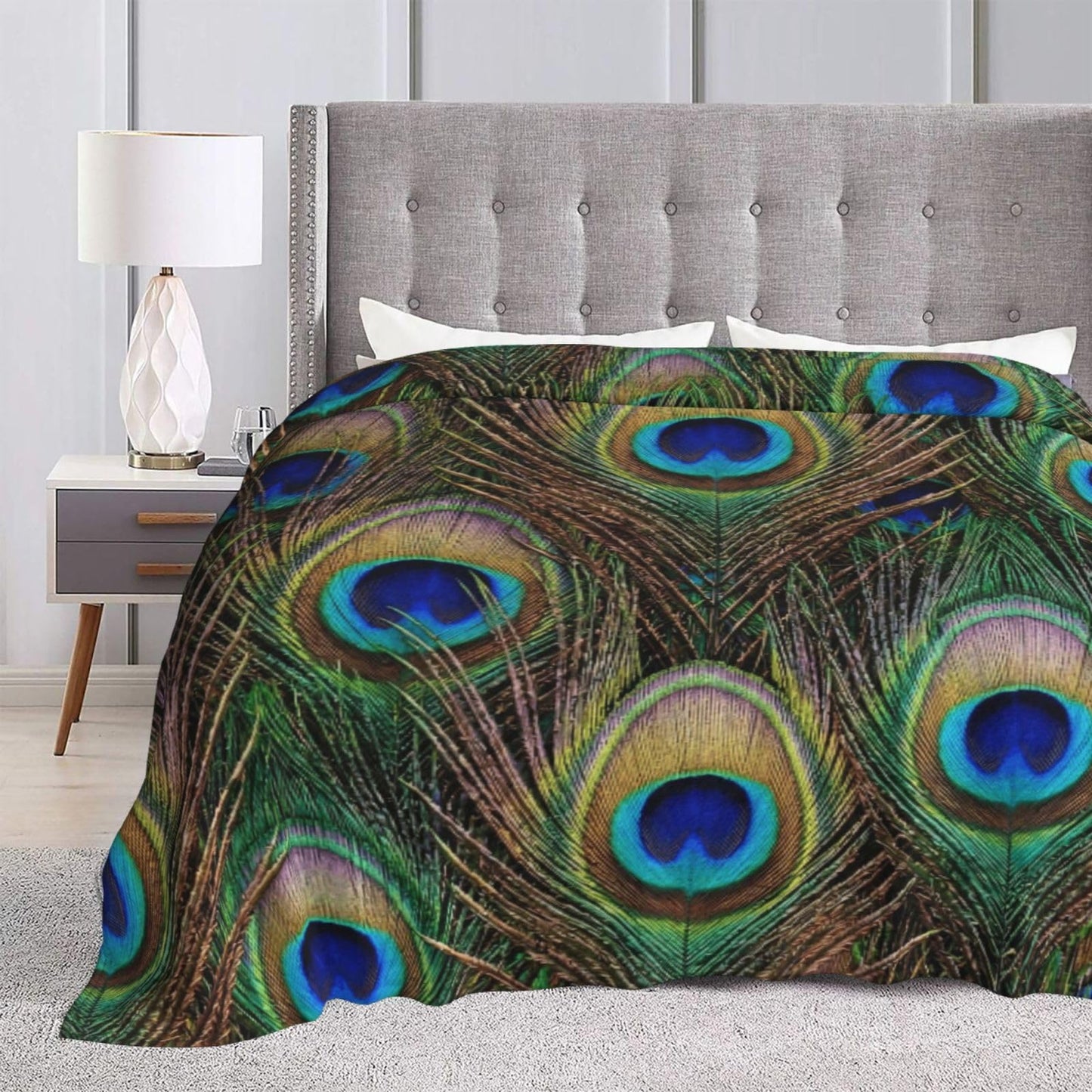 Perinsto Peacock Feather Throw Blanket Ultra Soft Warm All Season Decorative Fleece Blankets for Bed Chair Car Sofa Couch Bedroom 50"X40"