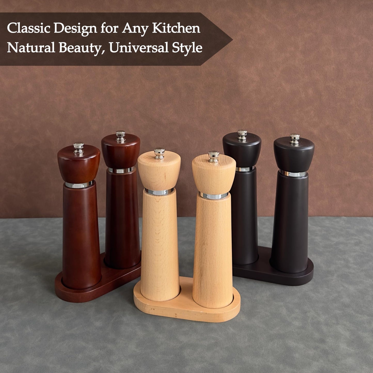 TLYSXPRO Wooden Salt and Pepper Grinder Set – Refillable Salt and Pepper Mill with Adjustable Upgraded Large Size Ceramic Burr – Manual Pepper Grinder with Beech Wood Body – 8.3” Tall (Chocolate Wood)