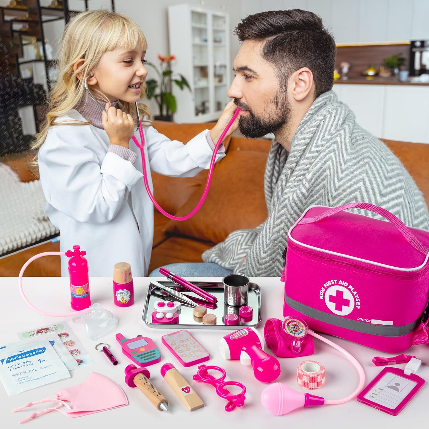 EFO SHM Doctors Set for Kids Age 3+, Kids Medical Kit with Realistic Stethoscope, Wooden Doctor Playset, Costume, Pretend Play Educational Toy Gift