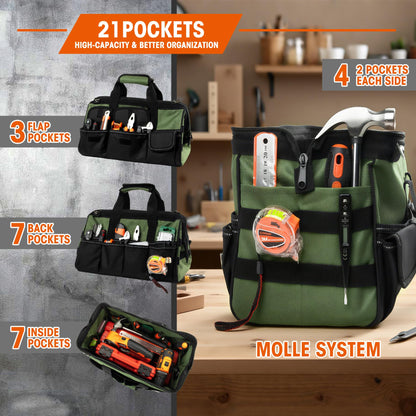 LLNDEI Heavy Duty Tool Bag, 15.7 Inch Portable Tool Organizer With 16-Pocket, Adjustable Strap & MOLLE System,Ideal Gift For Men & Fathers