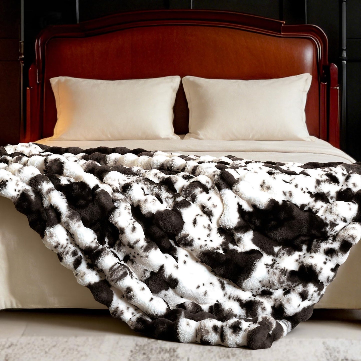 VFROO Ultra Plush Bubble Faux Rabbit Fur Blanket – 950GSM Thick Fluffy Throw Blanket for Bed, Couch, Sofa, Home Decor or Mothers Day Birthday Gifts for Women, 50" × 60", Black Cow