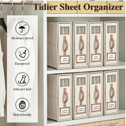 BigPonPon 4 Pack Foldable Bed Sheets Set Organizers and Storage(King & Queen Size),Linen Fabric Closet Organizers with Window,Folding Bedding Storage Box for Bedsheets and Pillow Cube Organizer-Beige